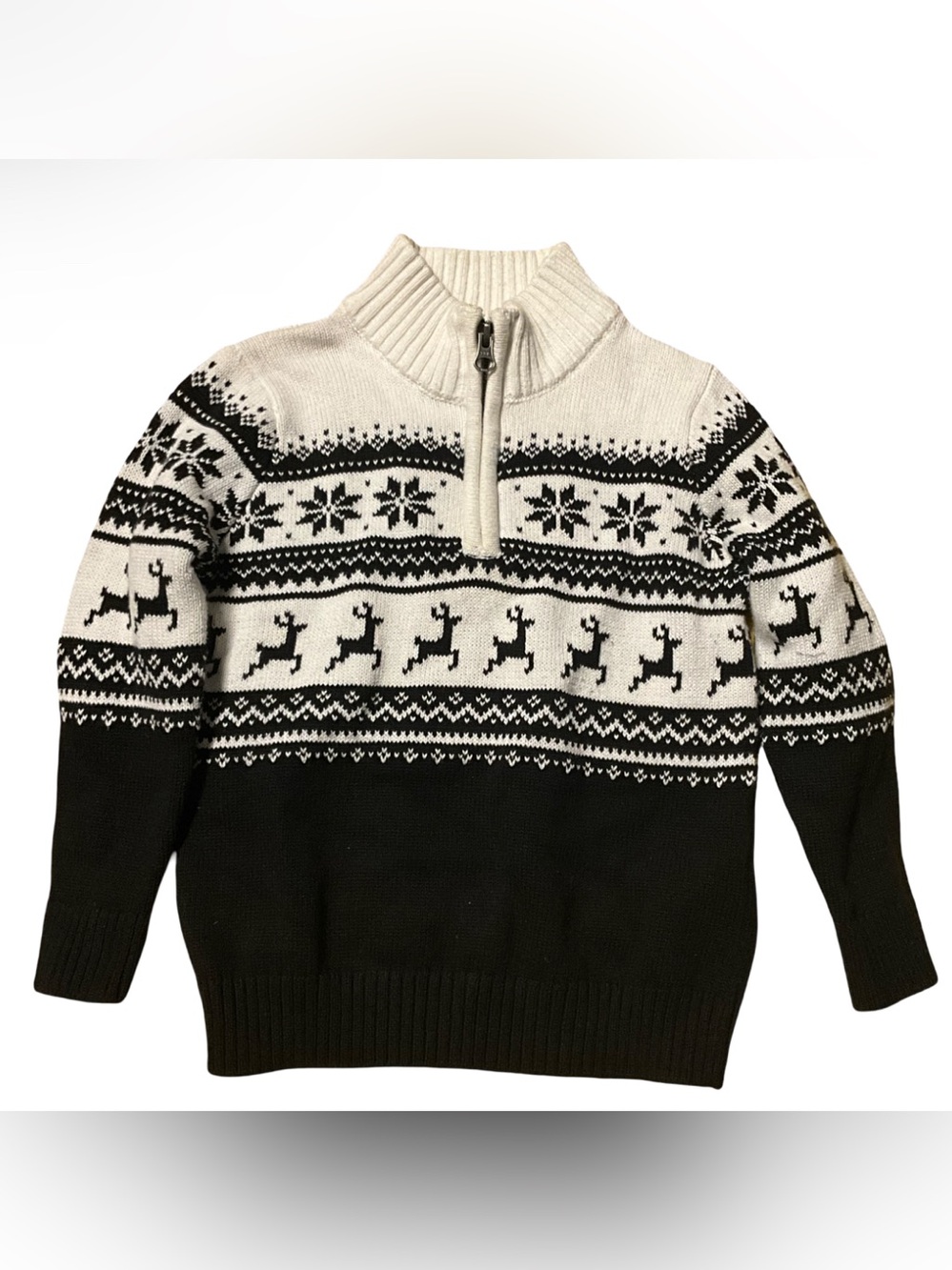 The Children’s Place Boys 3T Fair Isle Reindeer Quarter Zip Sweater Black White